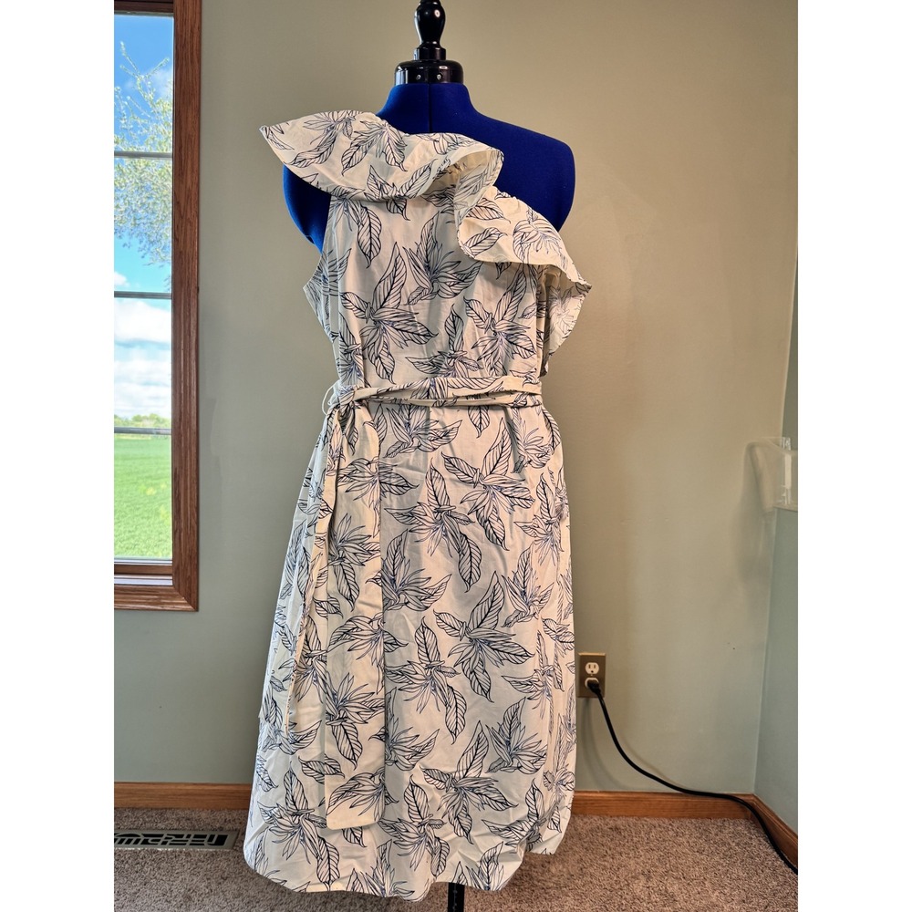Banana Republic One Shoulder Ruffle Midi Dress Blue Leaf Print Cotton NWT L